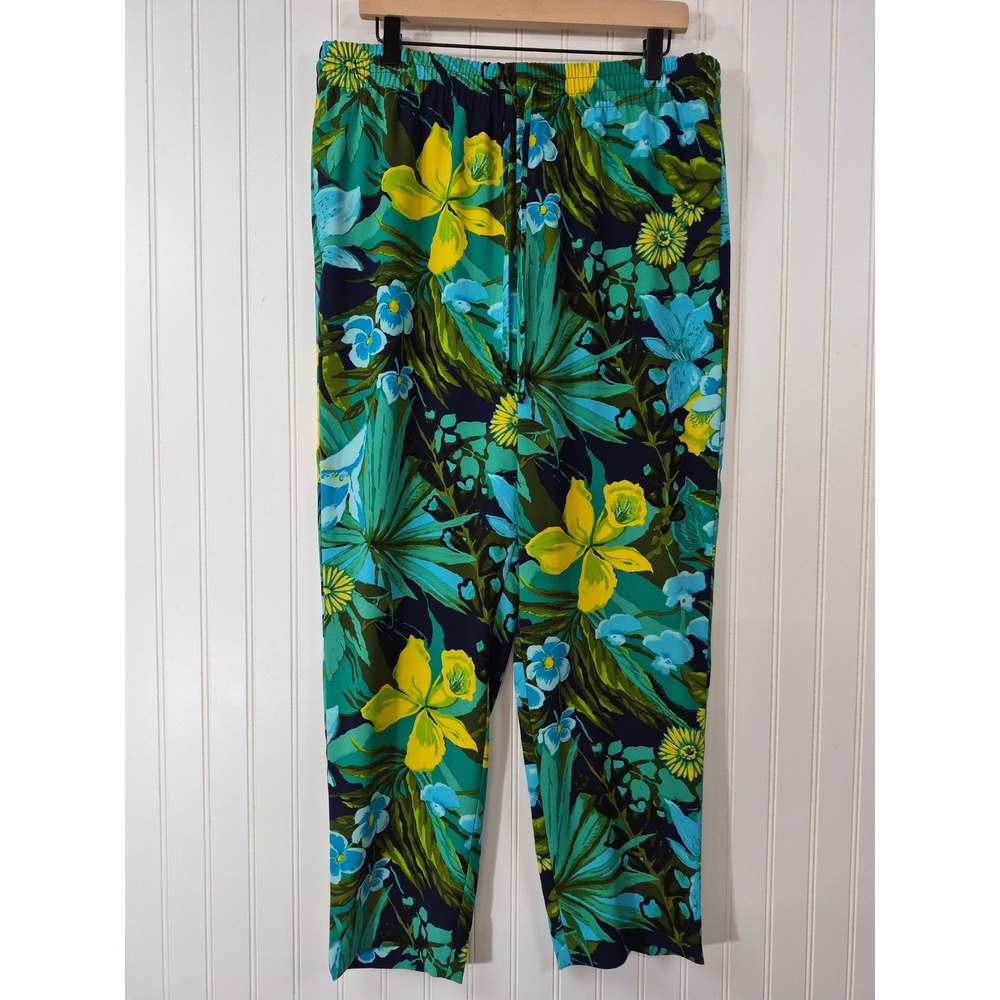 Talbots Tropical Floral Print Pull On Pants Ink Rainforest Blue Green Yellow L